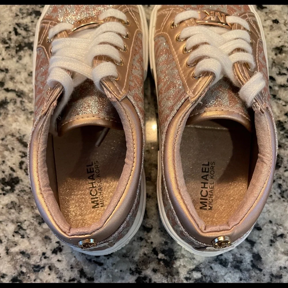 Michael Kors Girls Rose Gold Glitter Monogram Sneakers Size 13 Little Kid